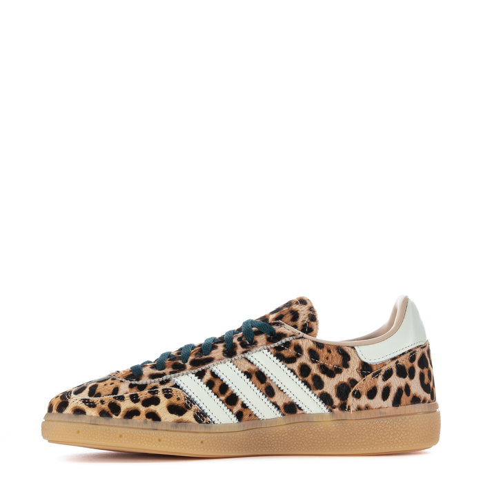 Women's leopard-print adidas sneaker, side view with white 3-stripe branding and teal laces