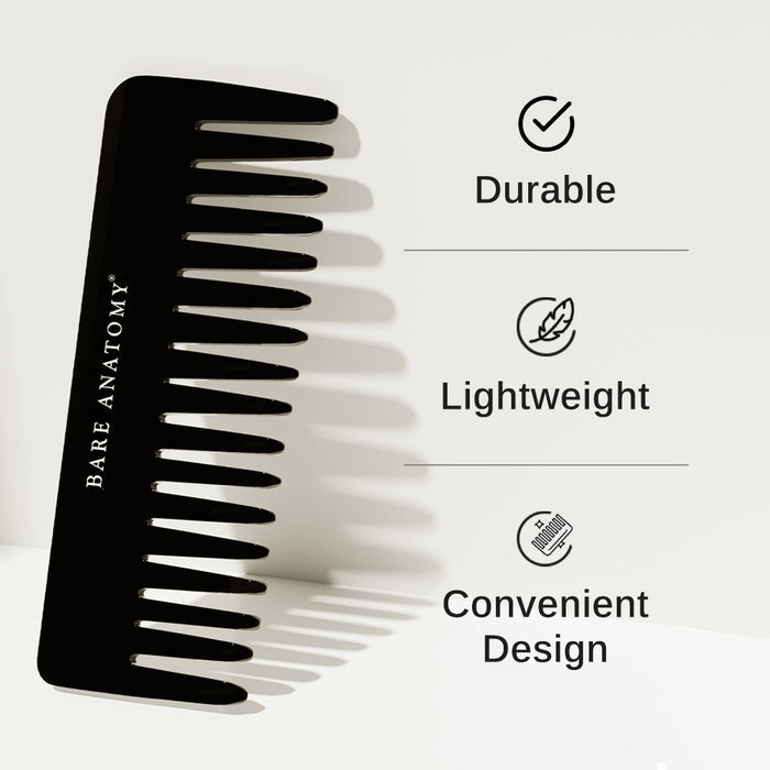 Handcrafted Wide Tooth Hair Comb For Detangling and Reduced Breakage - Black