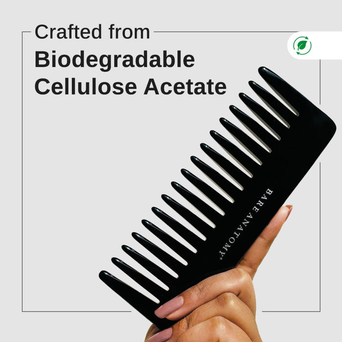 Handcrafted Wide Tooth Hair Comb For Detangling and Reduced Breakage - Black