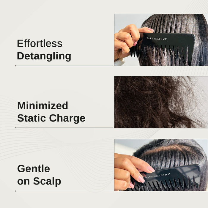 Handcrafted Wide Tooth Hair Comb For Detangling and Reduced Breakage - Black