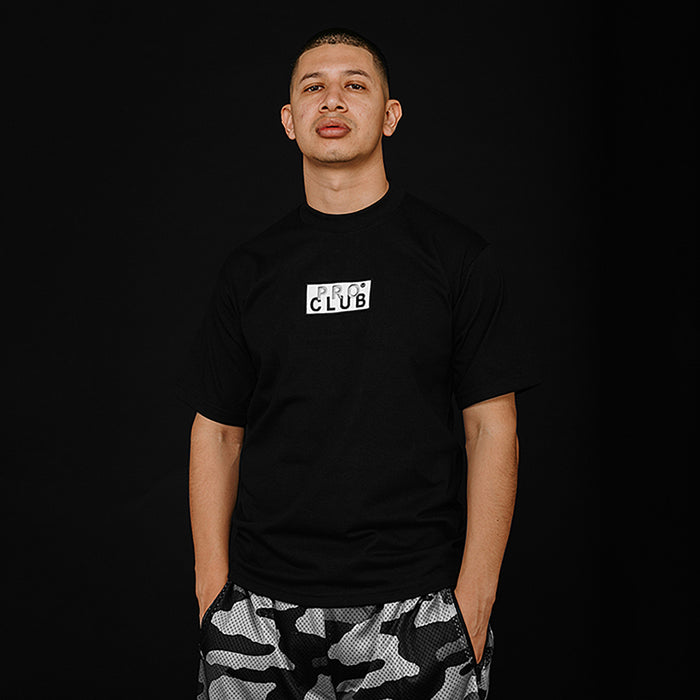 Men's black tee with embroidered box logo; crew neck