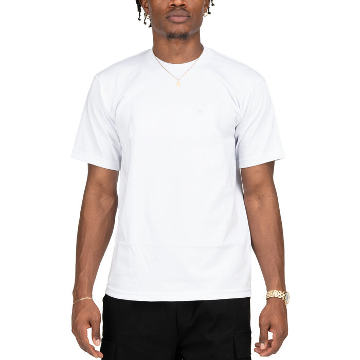 Men's white crew neck T-shirt on model, short sleeves and straight hem