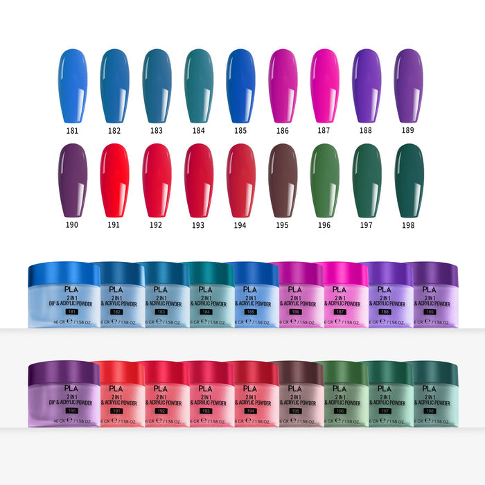 Set of nail tip color swatches with corresponding jars on a white background