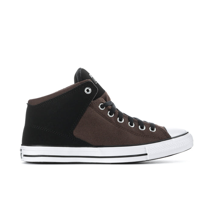 Men's mid-top high-top sneakers in black and brown with white rubber sole