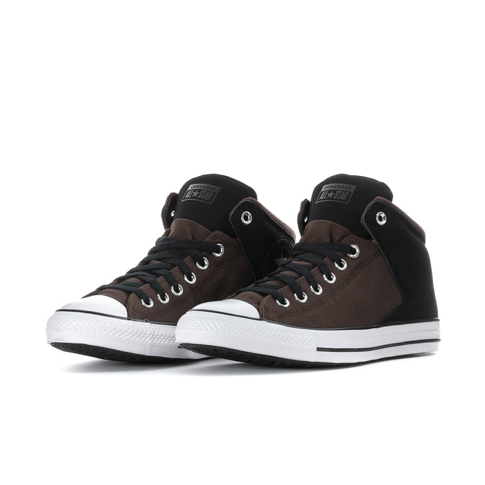 Pair of mid-top sneakers in black and brown with lace-up front and white sole
