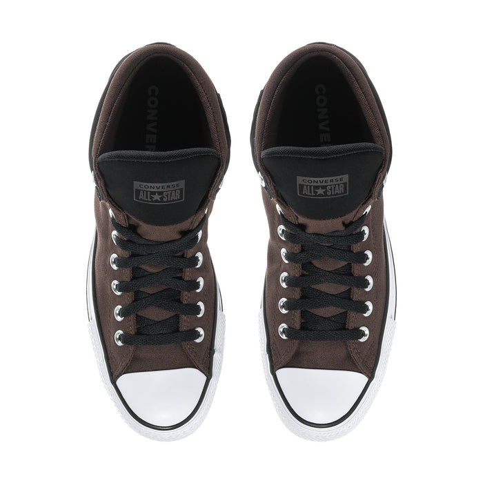 Brown and black lace-up mid-top sneakers with white toe cap and Converse logo