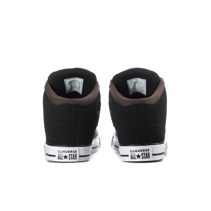 Back view of black and brown high-top sneakers with Converse All Star heel tab