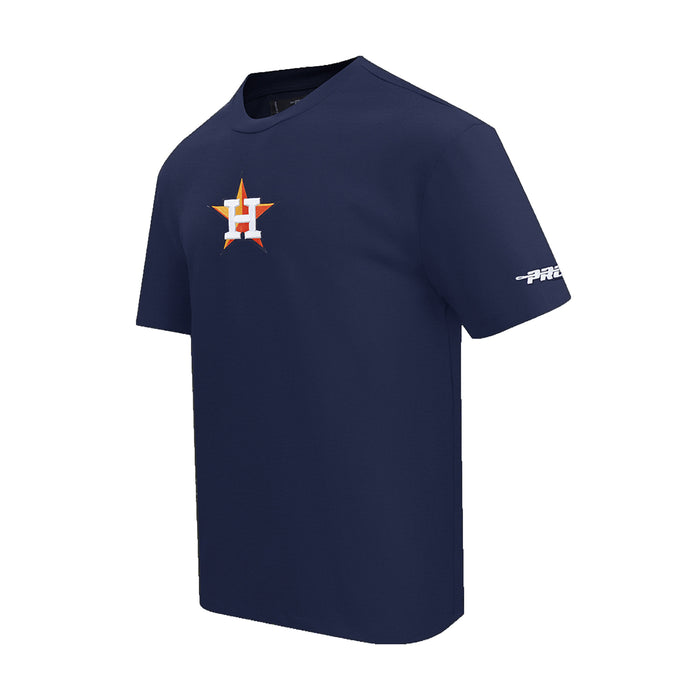 Men's navy Houston Astros tee, angled front view with orange and white H logo