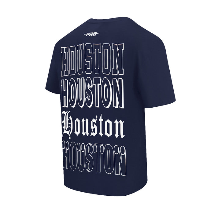 Men's navy Houston Astros tee, back with repeated HOUSTON lettering pattern
