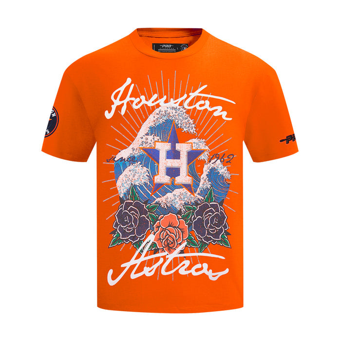 Men's orange graphic tee with wave and roses, featuring a large H emblem