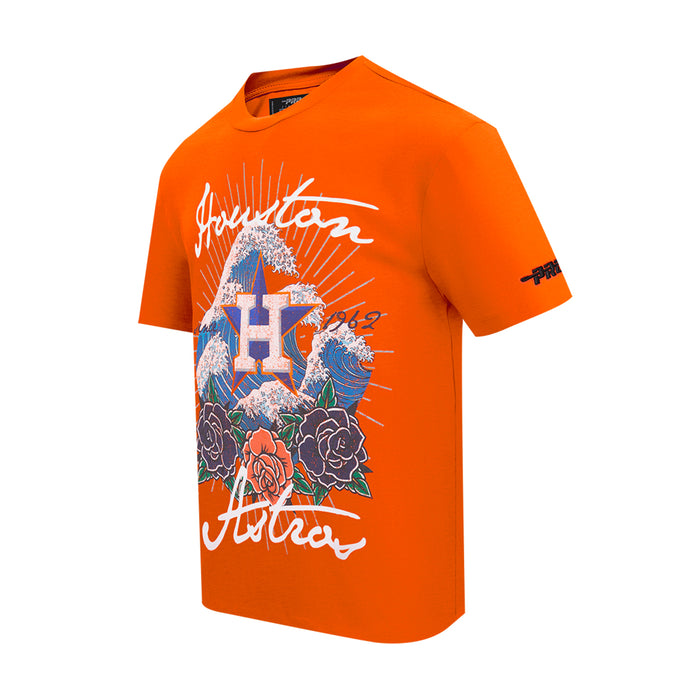Men's orange graphic tee with front H, wave art, and roses print