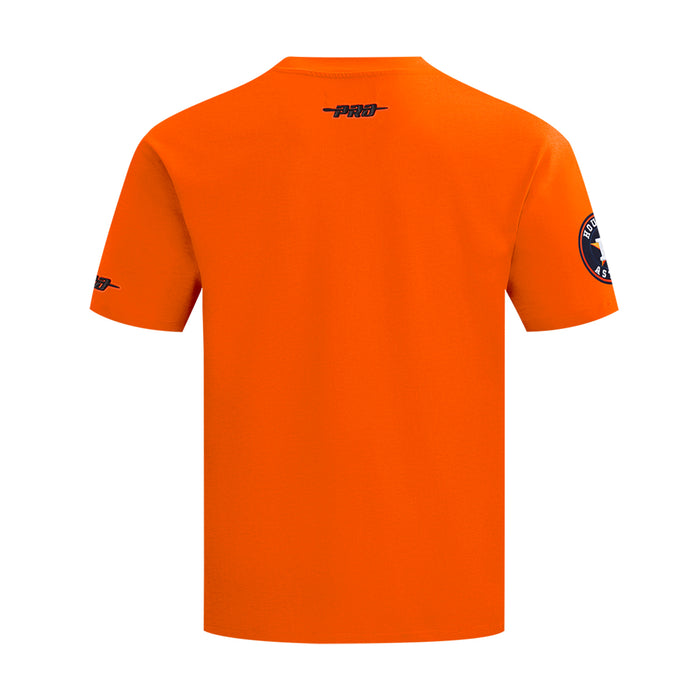 Men's orange crewneck tee with small brand text at back collar