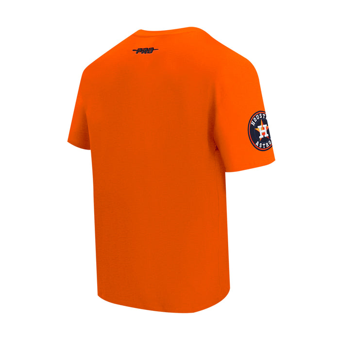 Men's orange crewneck tee with round Astros logo patch on right sleeve