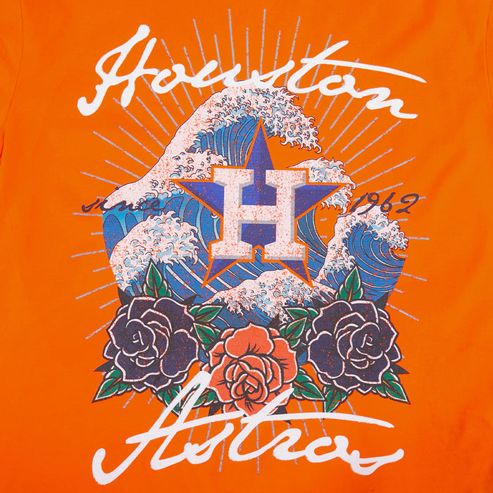 Men's orange tee close-up: wave, roses, and large center H emblem graphic