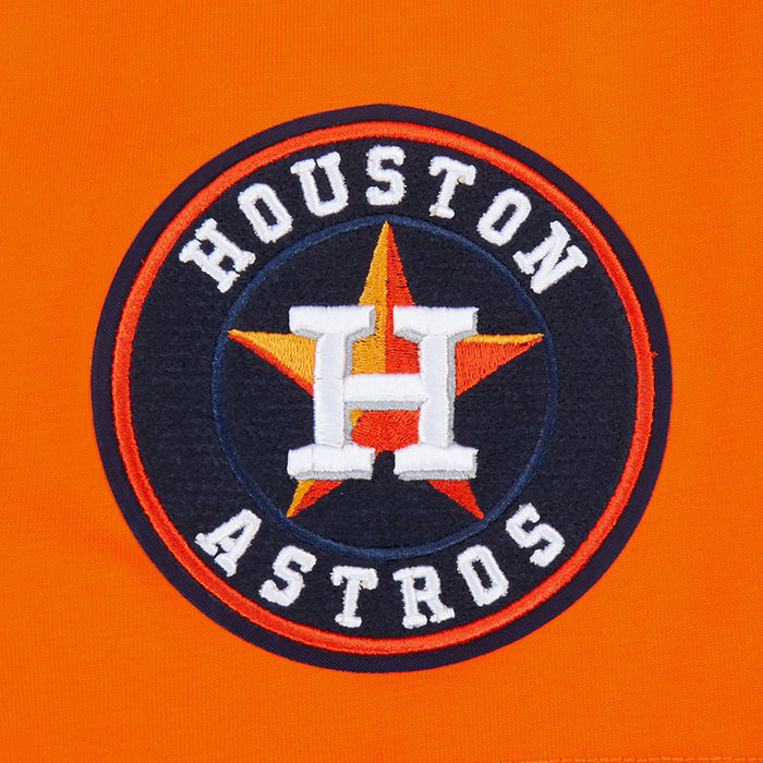Men's orange tee detail: round Astros stadium patch with star logo