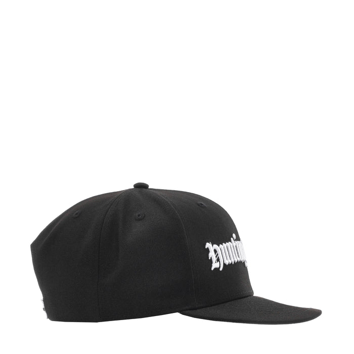 Black baseball cap with white side lettering and curved brim
