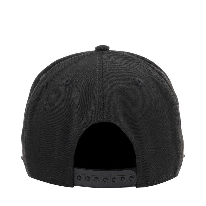 Black baseball cap back view with adjustable strap and row of snap holes