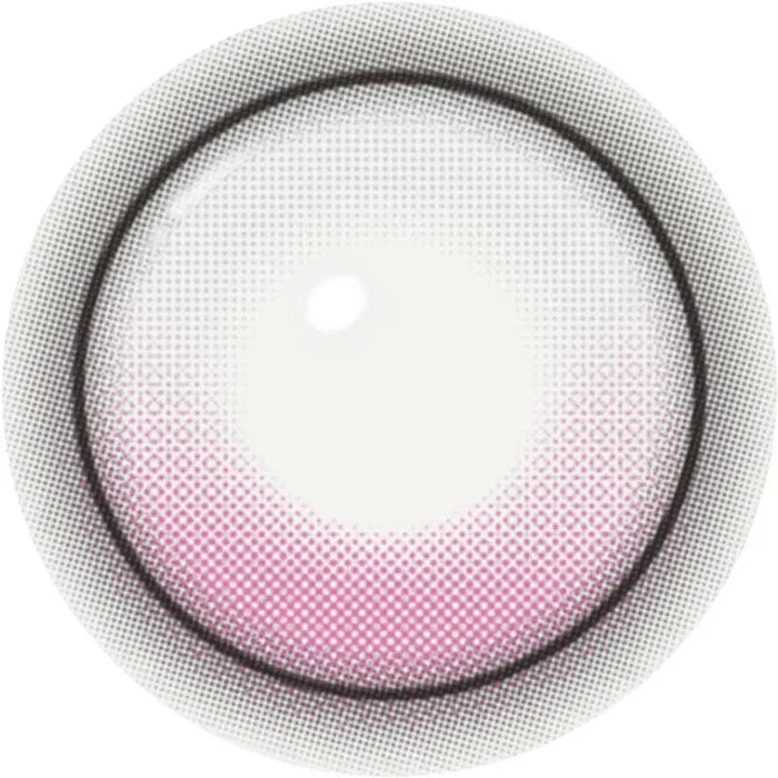 The i-Girl One Pick Balance Peach Bloom Pink lenses by i-Girl feature a circular design with a light pink gradient, white center, dotted patterns fading outward, and two thin black rings—perfect for lovers of subtle yet striking pink contacts.