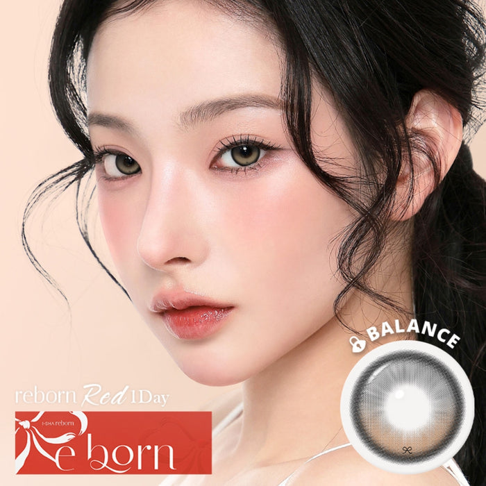 A woman with flawless, fair skin and natural makeup wears i-Sha Reborn Red 1-Day Rosy Cream contacts. The image features a close-up of the lens design, with the text "Reborn Red 1Day" and "Balance.