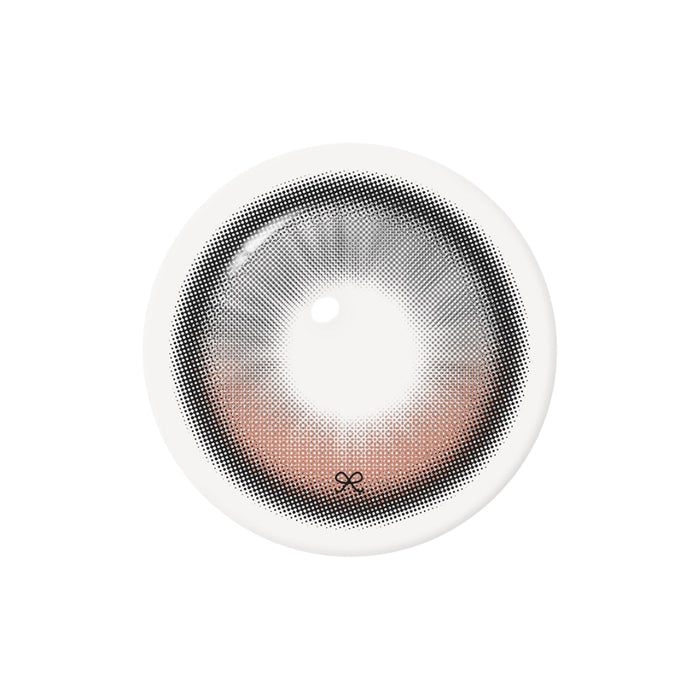 The i-Sha Reborn Red 1-Day Rosy Cream (10pk) by i-Sha is a silicone hydrogel cosmetic lens with a black outer ring, dotted gradient pattern, and light brown center tint, shown on a white background.