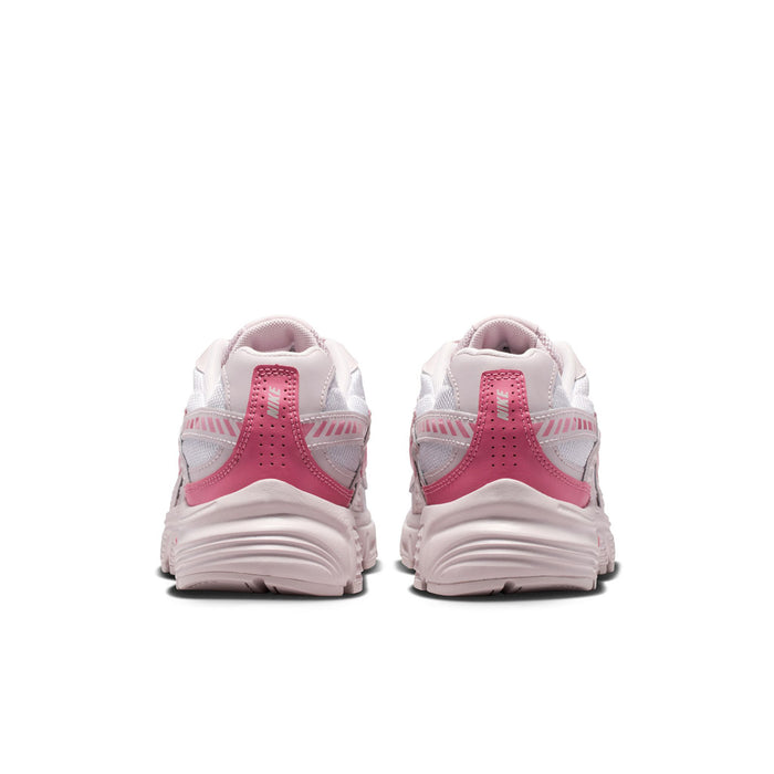 Back view of light gray and pink women's sneakers with cushioned heel tabs