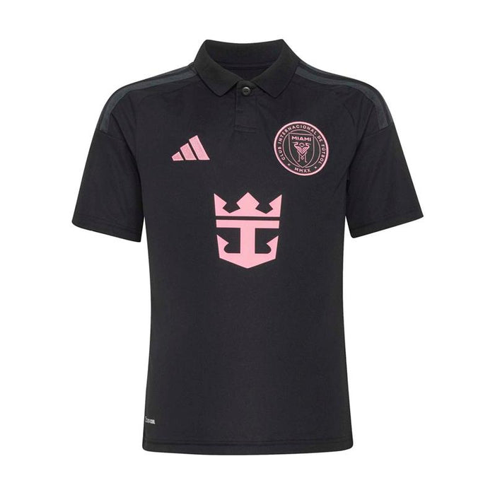 Youth away soccer jersey in black with pink crest and front graphic