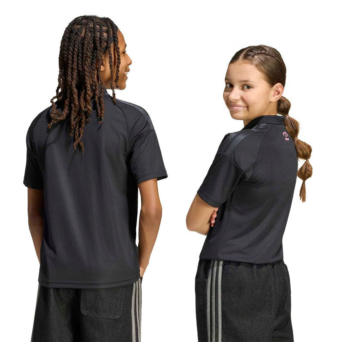 Youth black away soccer jersey back view with short sleeves and crew collar