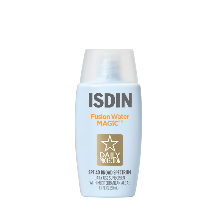 ISDIN Fusion Water MAGIC SPF 40 daily sunscreen bottle with Mediterranean algae