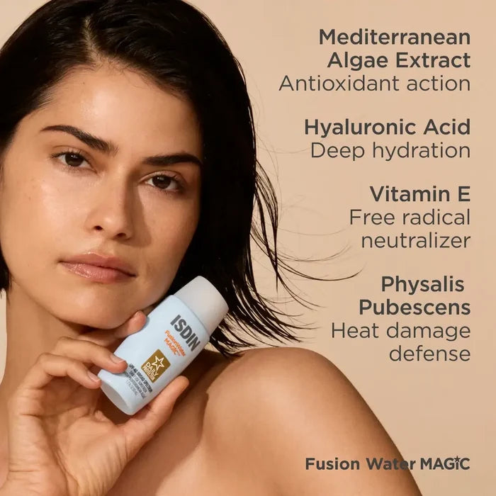 ISDIN Fusion Water MAGIC sunscreen bottle with model and ingredient benefits text