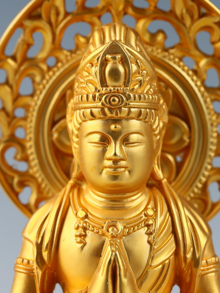 Japanese Buddhist Seishi Bosatsu Statue  Gold Iron Figure, Showa Era