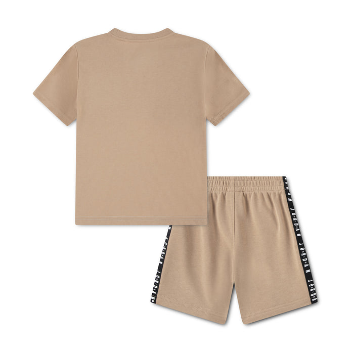 Beige toddler two-piece short set: plain T-shirt, drawstring shorts with logo-tape