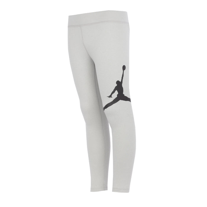 Youth grey heather leggings with black Jumpman logo on left thigh, side view
