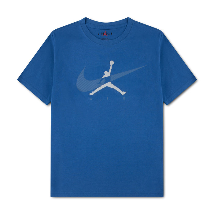 Youth blue T-shirt with Jumpman and swoosh logo graphic on front