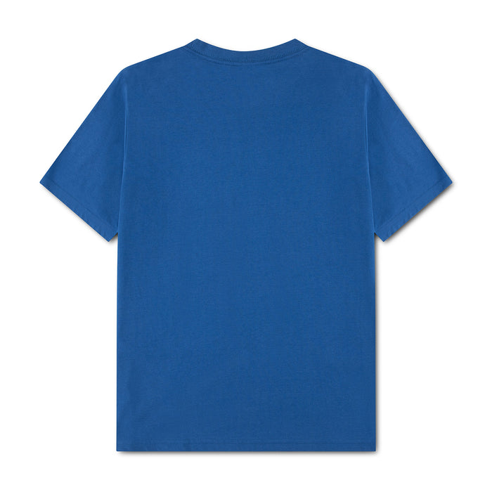 Youth blue T-shirt back view, plain with no visible graphic