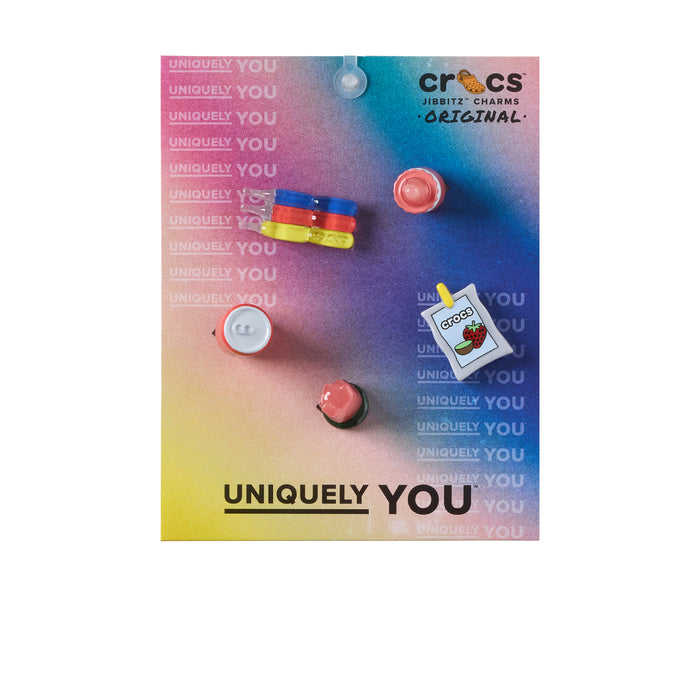 Snack-themed Jibbitz charm set on card with five colorful pieces