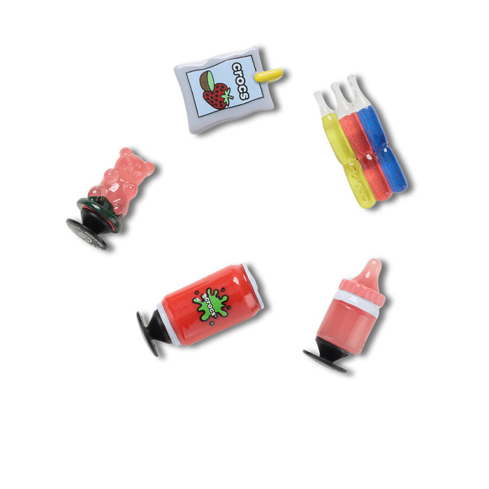 Five snack-shaped Jibbitz charms, including fries carton and colorful drinks
