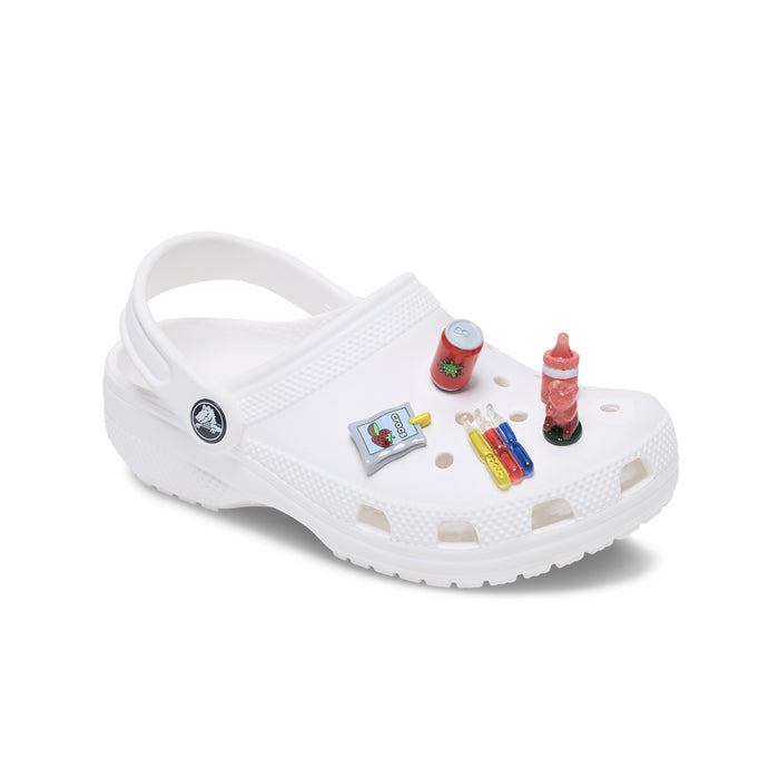 White Crocs clog with five snack Jibbitz charms attached