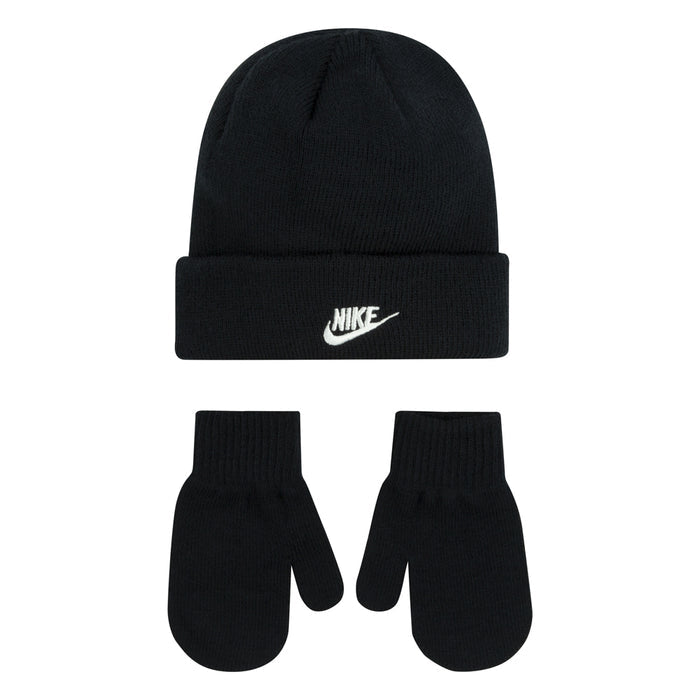 Kids black knit beanie and gloves set, Nike logo on beanie front