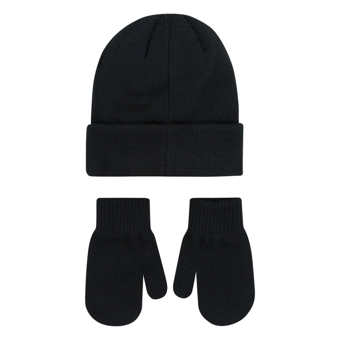 Kids black knit beanie and gloves set, Nike logo on beanie front
