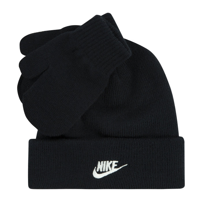 Kids black knit beanie and gloves, Nike logo on ribbed beanie cuff, close-up