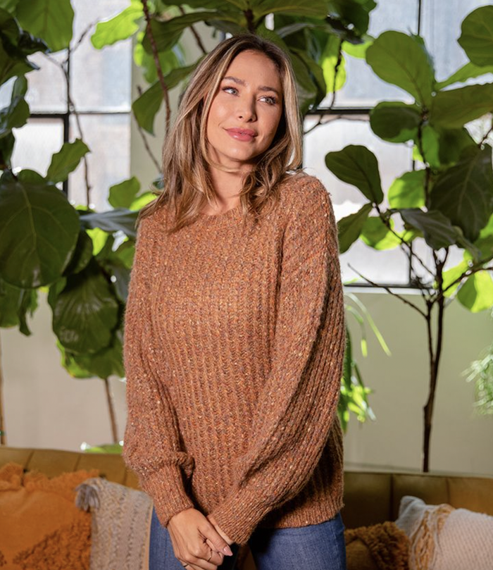 Knitted Crew Neck Long Sleeve Sweater in Taupe