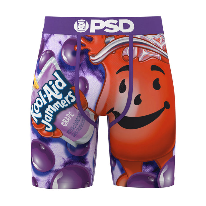 Men's printed boxer briefs with purple and orange cartoon character design