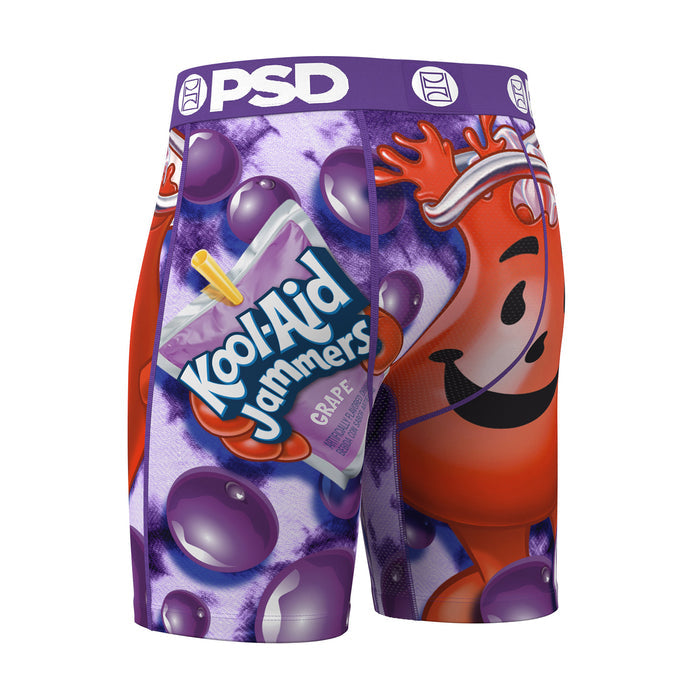 Men's printed boxer briefs with purple grape background and orange smiling face