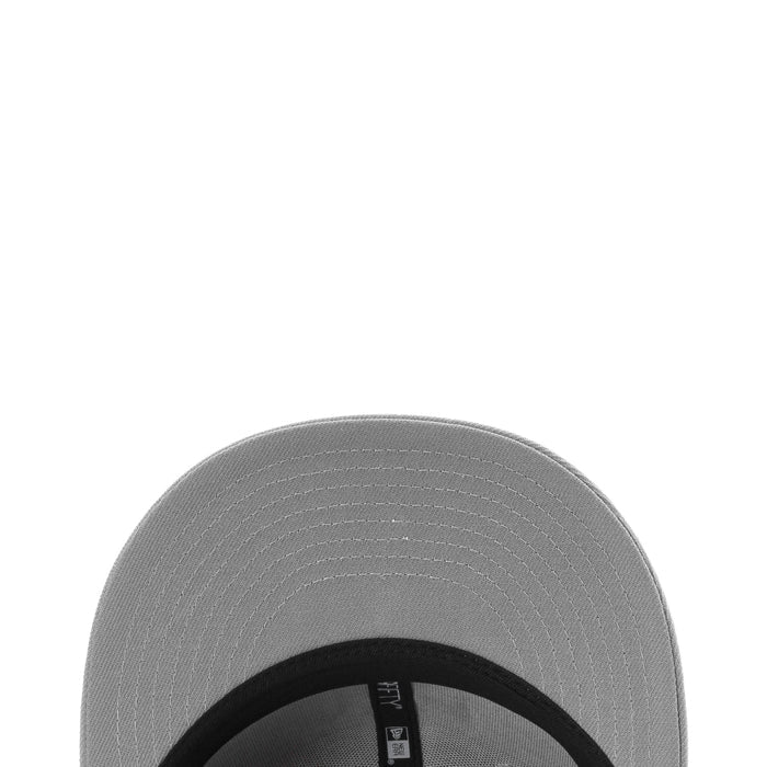 Gray baseball cap underside with black inner band and stitched ventilation