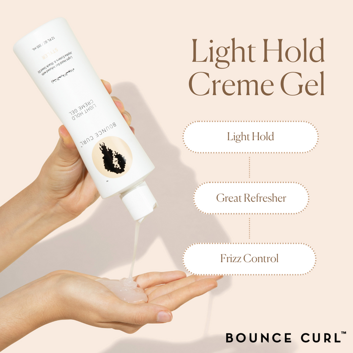 Bottle of Light Hold Creme Gel detailing the benefits of the product: light hold, great refresher, frizz control