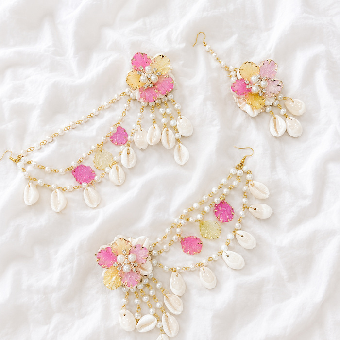 Light Pink Yellow Shells Earring tikka set