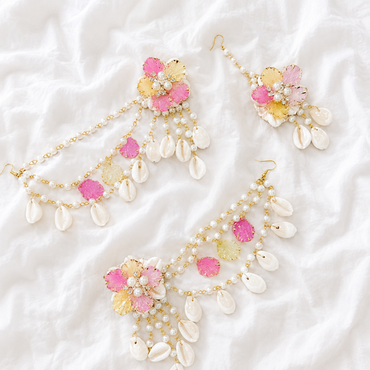 Light Pink Yellow Shells Earring tikka set