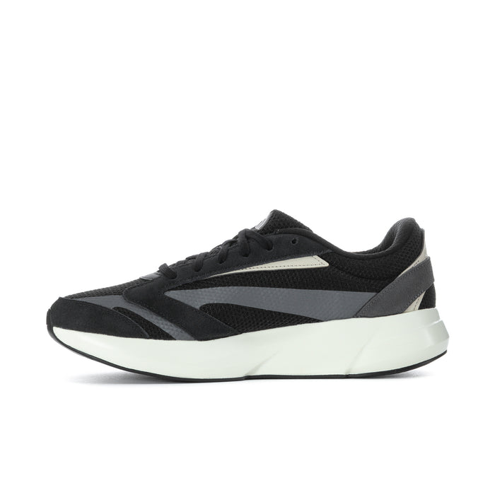 Lightshift men's black sneakers with light sole, side view and three stripe detail