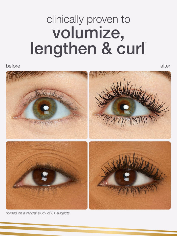 Before-and-after lash results showing length and long-lasting wear with Tartelette XL Mascara