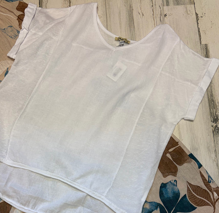 Camille & Co. linen and cotton blouse, lightweight and breathable tee with a relaxed fit, shown in a soft, natural fabric.